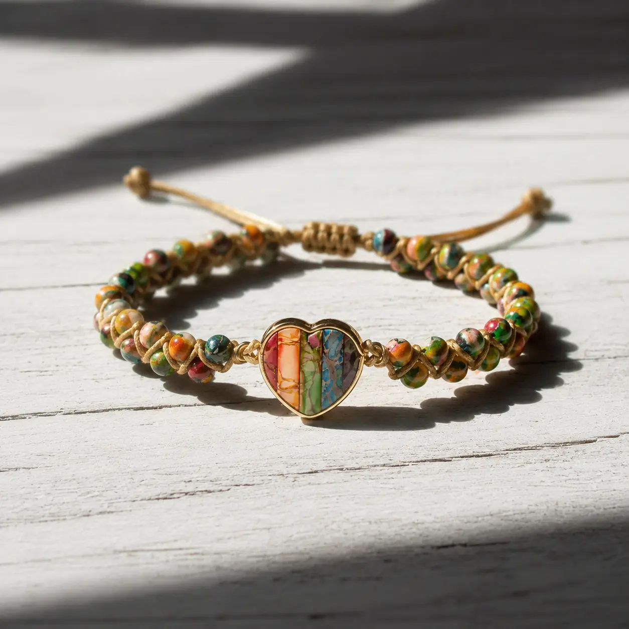 Chakra Healing Bracelet with Opalite Heart Charm Natural Stone Crystal Boho Style Adjustable for 6-7.5 Inches Wrist Festive Jewelry Gift for Mom