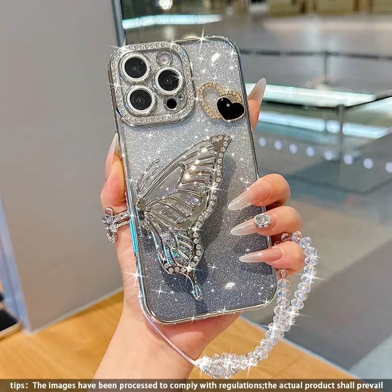 Diamond Butterfly Stand Phone Case with Bead Chain, Shockproof Tpu Cover for iPhone 18 Pro Max, 18 Pro, 17, 16, 15, 14, 13, 12