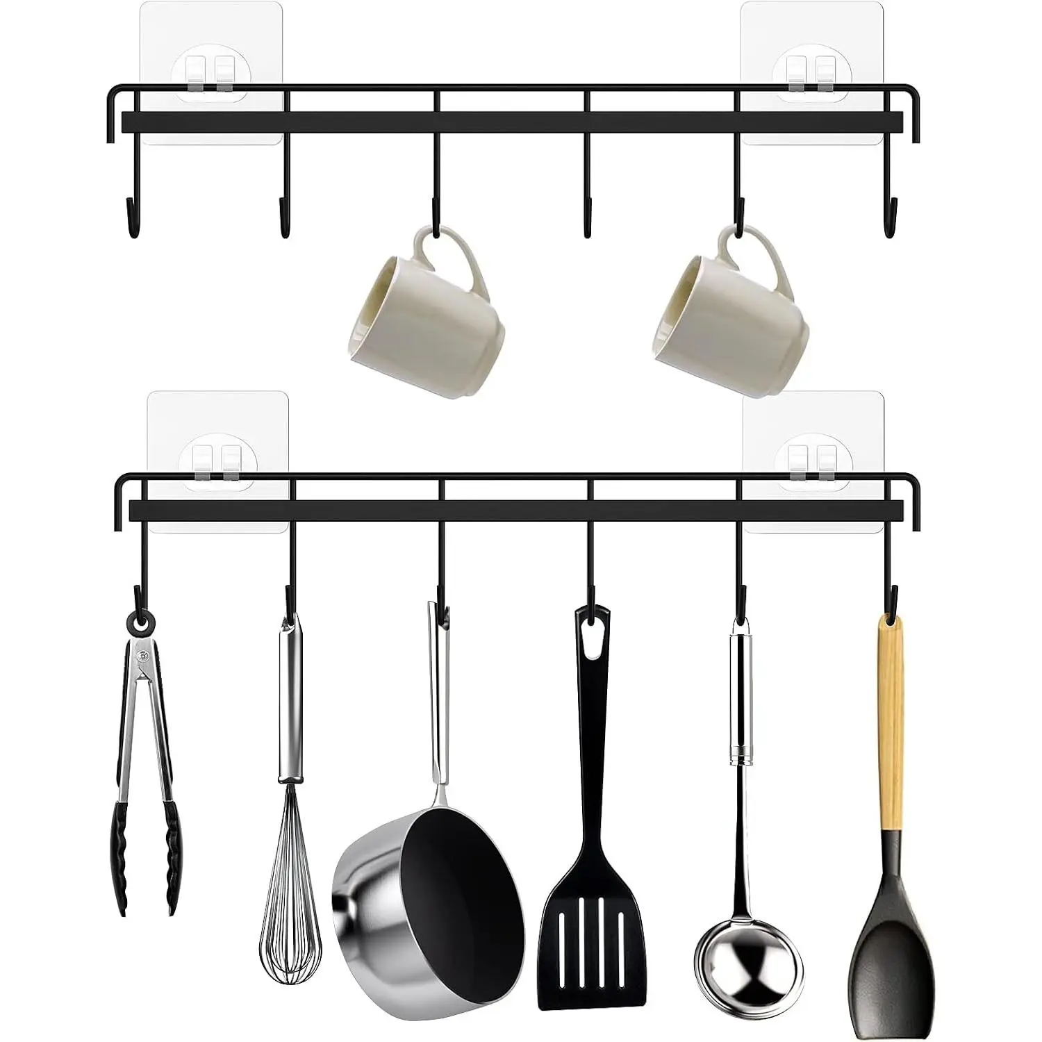 Kitchen Utensil Hanger, Adhesive Utensil Holder, Black, 2 Pcs Waterproof and Rustproof, Polished Finish, No Drilling, 12 Hooks, Fits for Cups, Spoons, Spatulas, Ladles, Oven Mitts, Pots