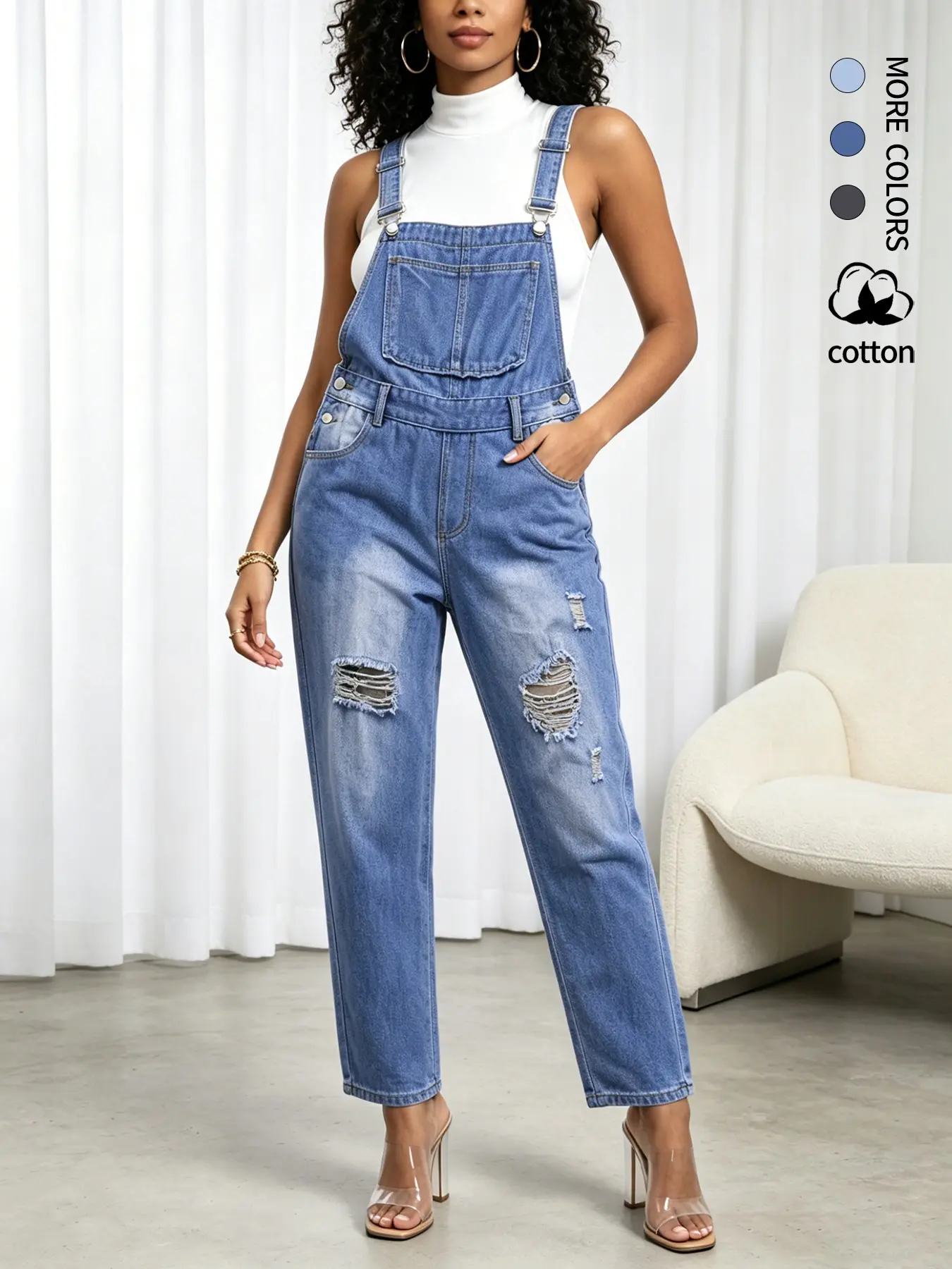 Women's Casual Ripped Denim Overall Pants, Adjustable Straps, Loose Fit, Durable Workwear, Comfortable Harem Style, All Seasons