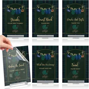 Yousoontic 6 Pcs Tartan Plaids Decorations Preppy Bear Acrylic Sign for Baby Shower Party Birthday Teddy Bear Please Take One Sign for Table Centerpieces with Stand Green and Blue Vintage Style