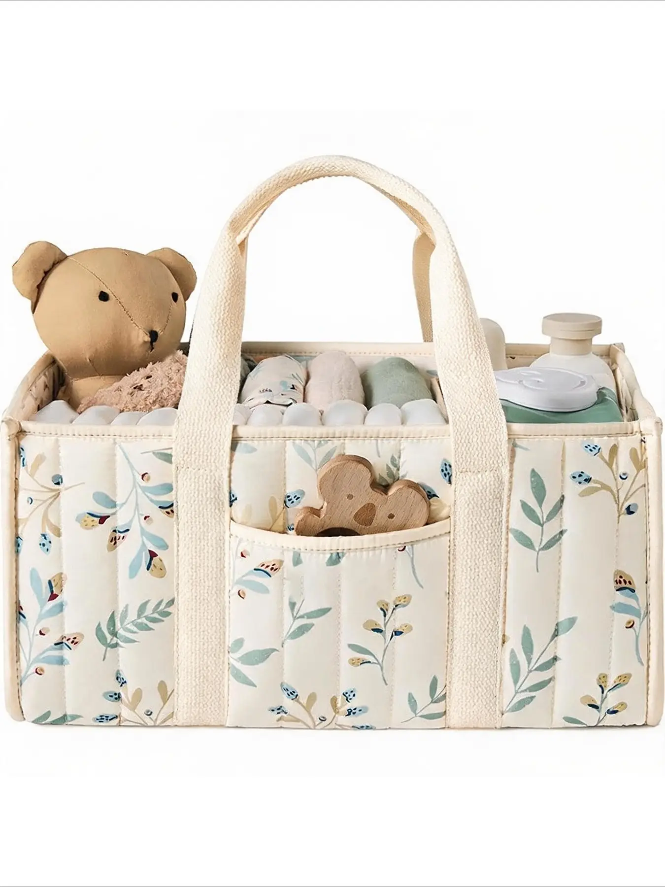 Vertical Quilted Baby Diaper Caddy Organizer, Wildflower Leaf Print, Multi Compartment, Foldable, Portable, Nursery Essential, Diaper Bag Organizer