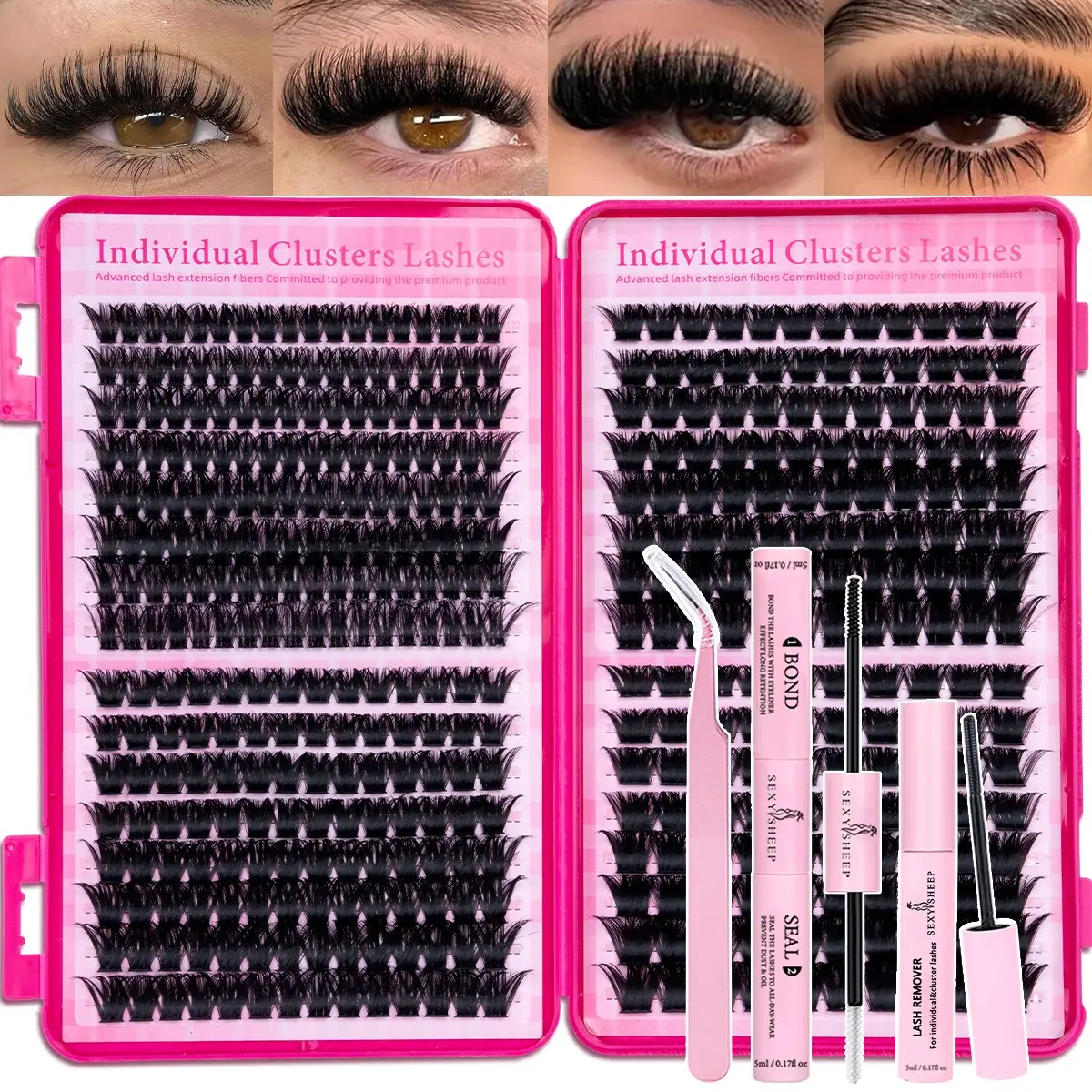 Lash Clusters Kit Natural Individual Lashes Wispy Eyelash Extensions 9-16mm DIY Lash Extension Kit Lash Bond and Seal Waterproof, Lash Applicator, Thick False Eyelashes Kit