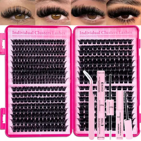 Natural Individual Lash Clusters Kit, Wispy 9-16mm DIY Eyelash Extension Kit with Waterproof Lash Bond and Seal, Lash Applicator, Thick False Eyelashes Set, Lash Extension Makeup