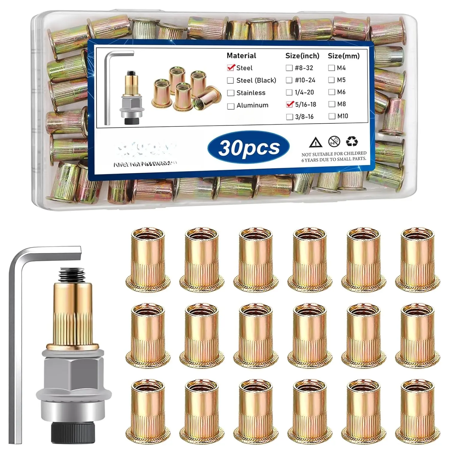 30 count 5/16-18 Rivet Nuts with Hand Rivet Nut Tool, Carbon Steel Flat  Threaded Insert Nut Kit for Furniture, Automotive, Marine and Decoration