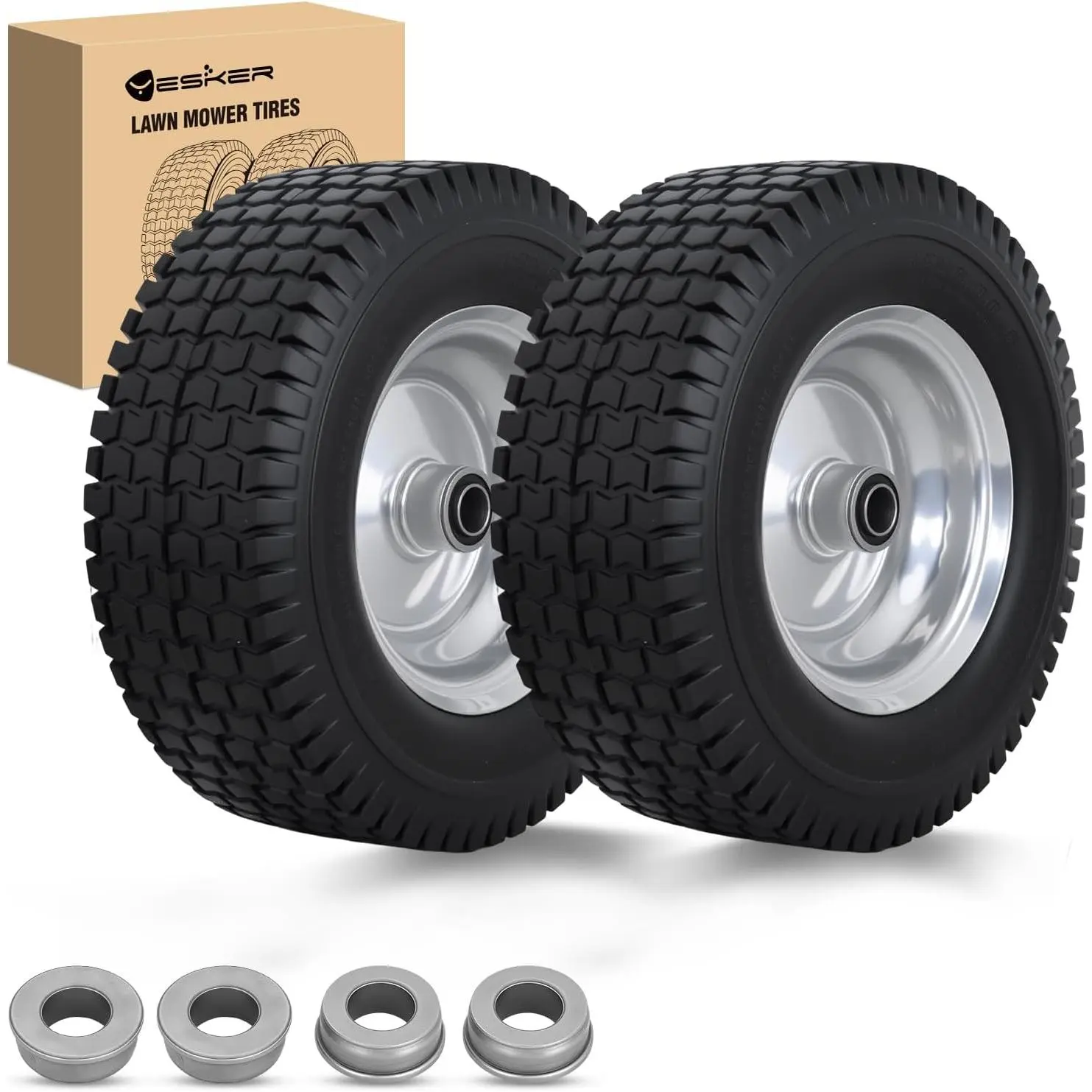 Yesker 13x5.00-6 Durable Flat-Free High-Density Polyurethane Solid Tires, 13" Airless Wheels with 3/4" Axle Bore & 3" Hub Length, Stable Load Performance Replacements for Riding Mowers, 2 Pack