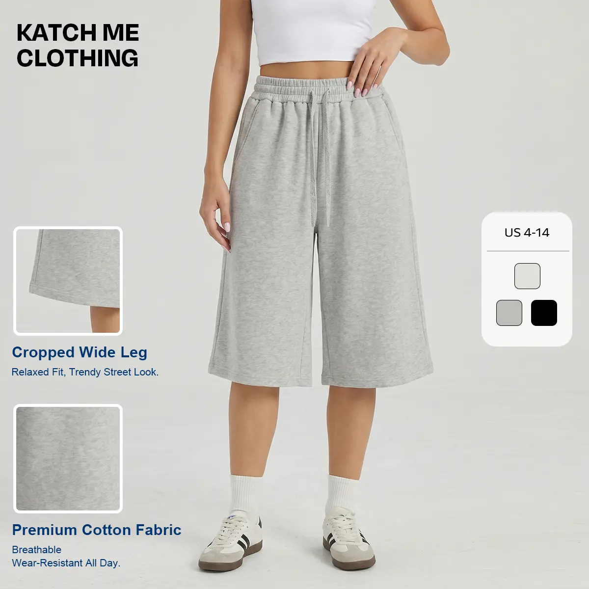 Katch Me Clothing Women's Casual High Waist Sweat Jorts, Slouchy Stretchy Skin-Friendly Side Pocket Cropped Wide Leg Trousers, Summer Drawstring Waist Pill-Resistant Bottoms #TikTokMadeMeBuyIt #AthleisureTrousers #Bottoms #EverydayWear
