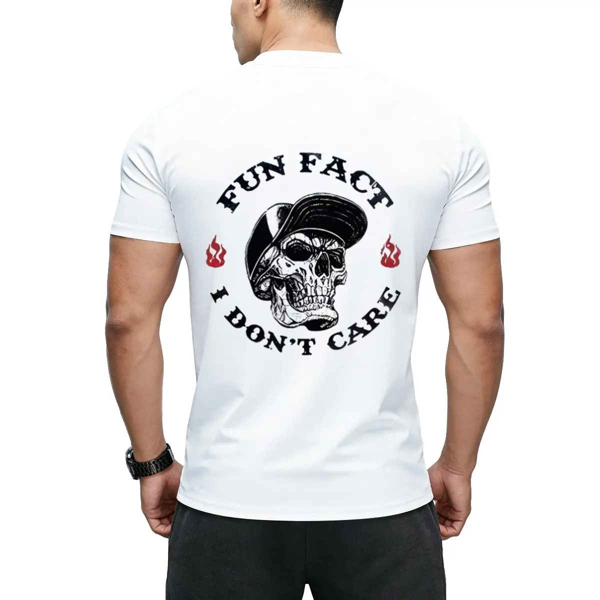 Vintage Skull Cap Flame Back Print T Shirt For Men "Fun Fact I Don't Care" Slogan Graphic White Casual Punk Biker Top
