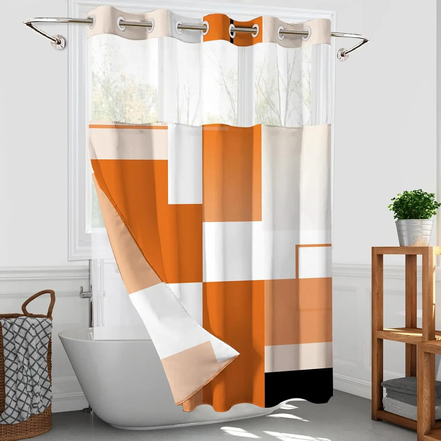 NO Hooks Shower Curtain with Snap-in Fabric Liner Set,Orange | 71x74 Inches,Geometric Bathroom Curtain with Liner, See Through Top Window,for Bathroom, & Washable