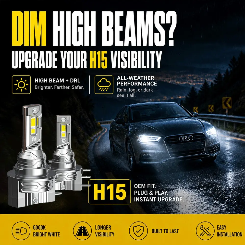 H15 LED Headlight Bulbs 2-Pack, 6000K Cool White High Beam & DRL, CANbus-Ready Plug-and-Play Replacement for Select VW Golf/GTI/SportWagen/Tiguan, Audi A3/A5/Q7 & BMW 228i/M235i Halogen Models