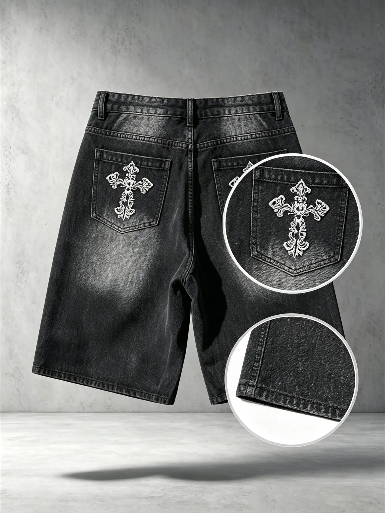 New Men's Vintage Wash Loose Jeans Shorts, Gothic Cross Stitch Back Pocket, Street Style, Deep Color Distressed Denim, Millennial Hip-Hop Casual Five-Pocket Classic