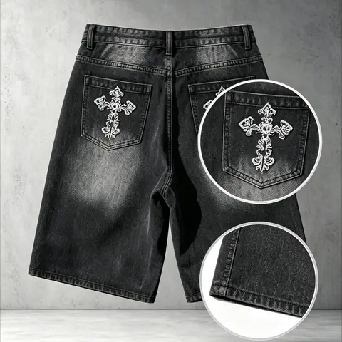 New Men's Vintage Wash Loose Jeans Everyday Shorts, Gothic Cross Stitch Back Pocket, Street Style, Deep Color Distressed Denim, Millennial Hip-Hop Casual Five-Pocket Classic