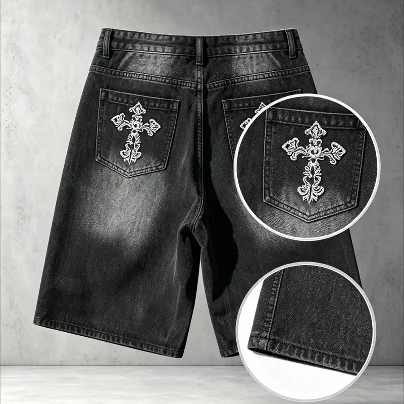 New Men's Vintage Wash Loose Jeans Everyday Shorts, Gothic Cross Stitch Back Pocket, Street Style, Deep Color Distressed Denim, Millennial Hip-Hop Casual Five-Pocket Classic