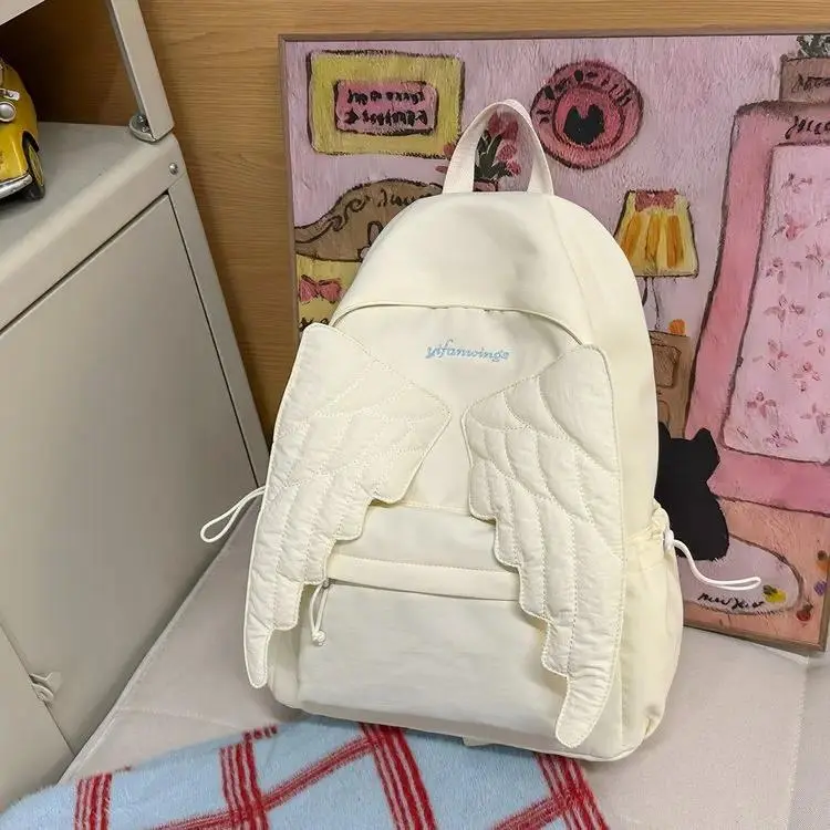 Sweet Wings Nylon Backpack for Women Large Capacity Student Lightweight School Bag Girly Style Solid Color Shoulder Bag Rucksack
