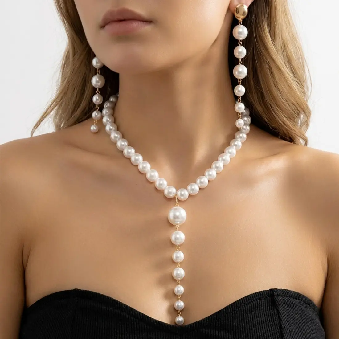 Retro Pearl Necklace and Earrings Set for Women, Beaded Fringe Layered Jewelry, Vintage Dainty Statement Accessory, Elegant Lightweight Matching Set for Party Outfit, Wedding Guest Look, Brunch Date & Daily Wear