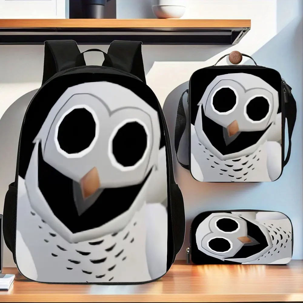 Roblox Owl Character 3-Piece Backpack Set - Oxford Cloth Adjustable Strap Daypack, Horror Game Print School Bag, Lunch Bag, Pencil Case for Kids & Fans