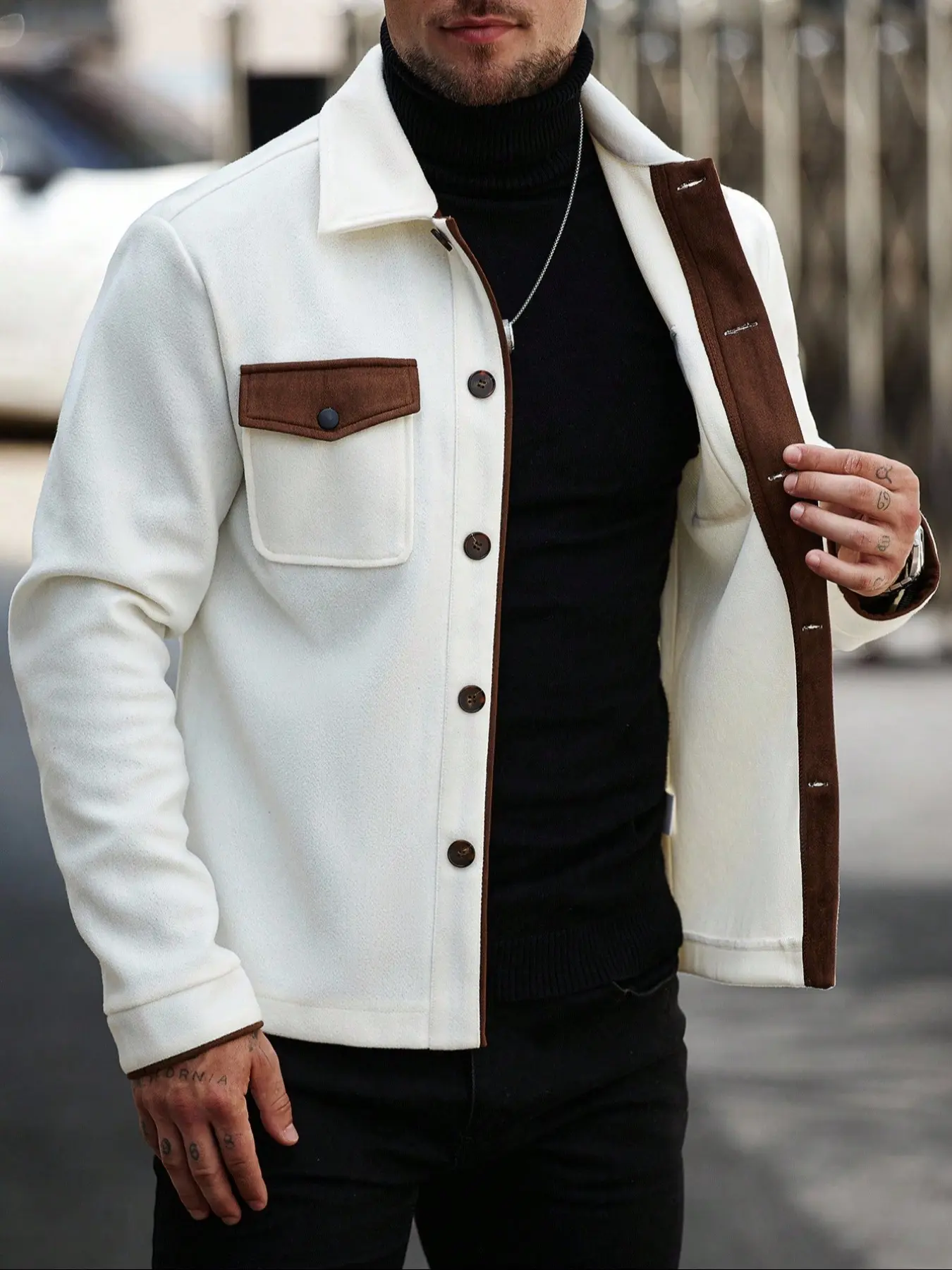 Men's Colorblock Button Jacket, Casual Regular Fit Long Sleeve Coat, Fall & Winter Fashion Street Style, Versatile Daily Wear Outerwear