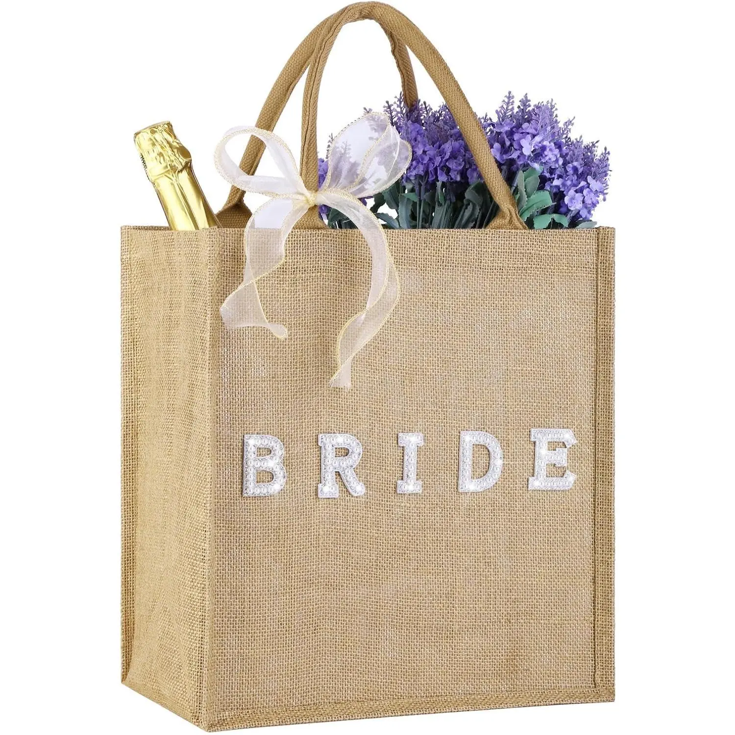 Bride Tote Bag,14.2X13X7.5IN Personalized Burlap Bridal Shower  Bag  Jute Tote with Ribbon Wedding  Bags for Bachelorette Party Engagement Honeymoon, Miss to Mrs, Bride to Be Gifts