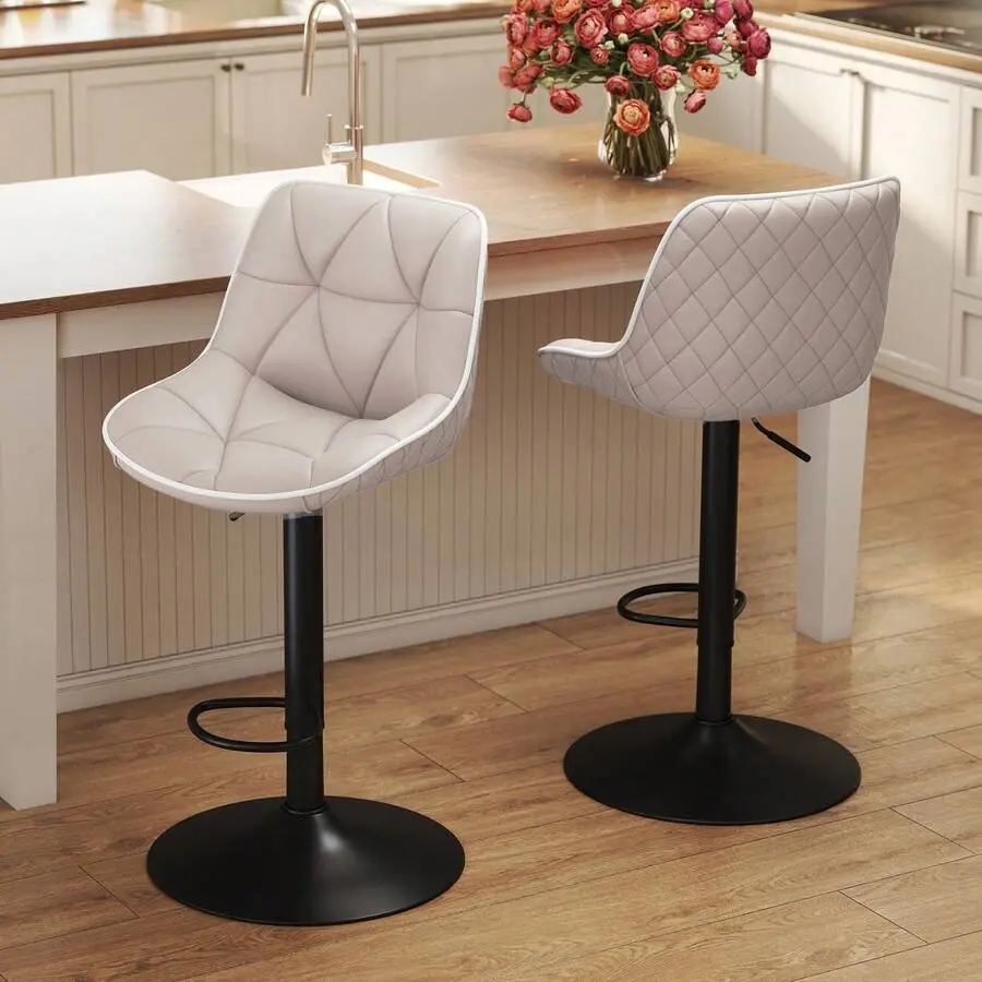 Bar Stools, Set Of 2, Modern Swivel Bar Chairs, Adjustable Counter Height With Back, PU Leather Upholstered, Island, Dining Room, Home Bar
