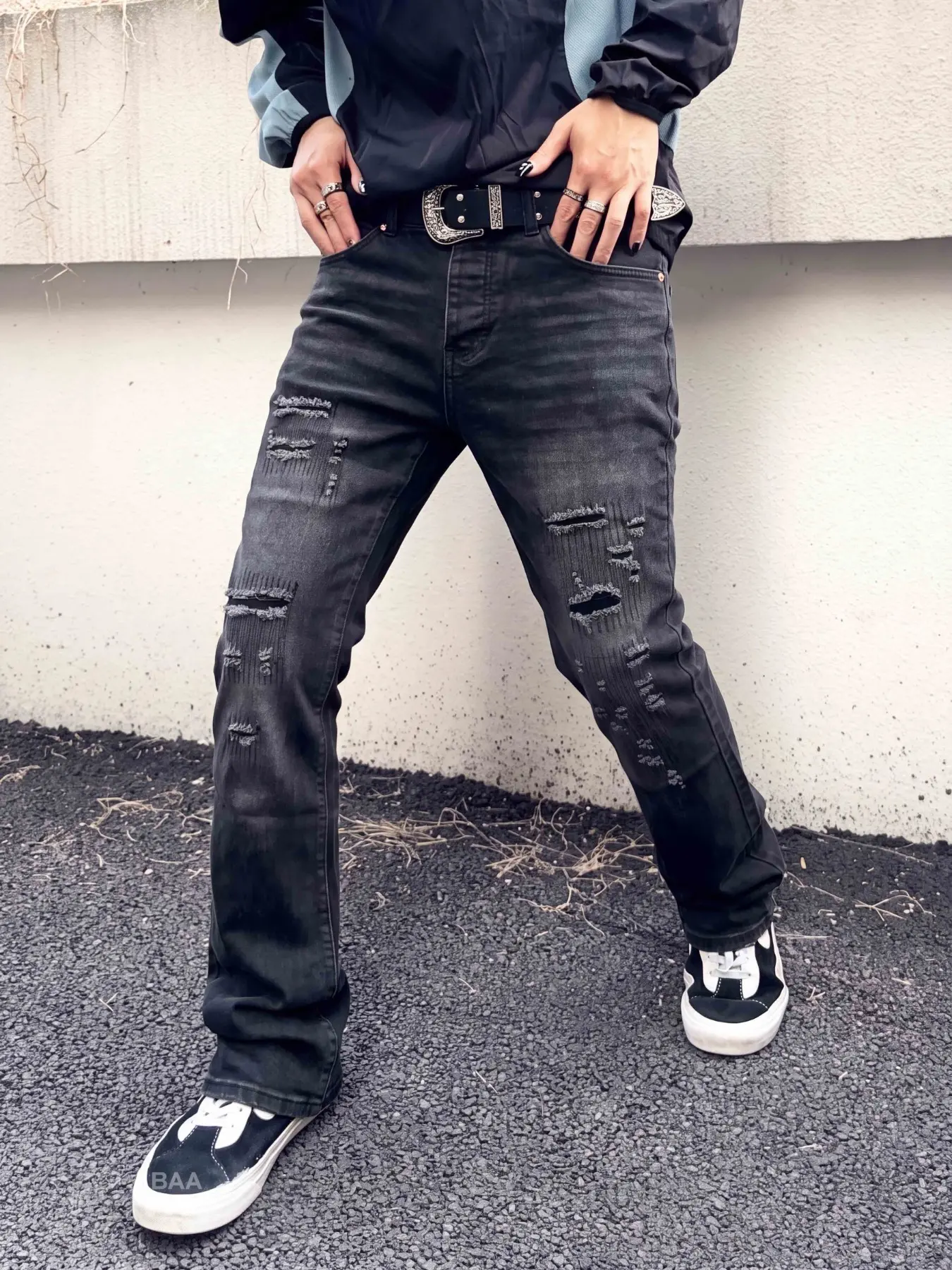 Men's Elastic Jeans, Slim-Fit Micro Flare, Breathable Fabric, Washed Effect, Ripped Design, Button Closure, All Seasons