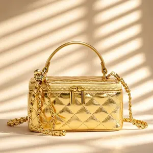 Metallic Gold Rhombus Mini Makeup Bag, Women's Handbag with Adjustable Chain, Hard Square Shoulder Bag, Party, Date, Night Out, Artificial Leather