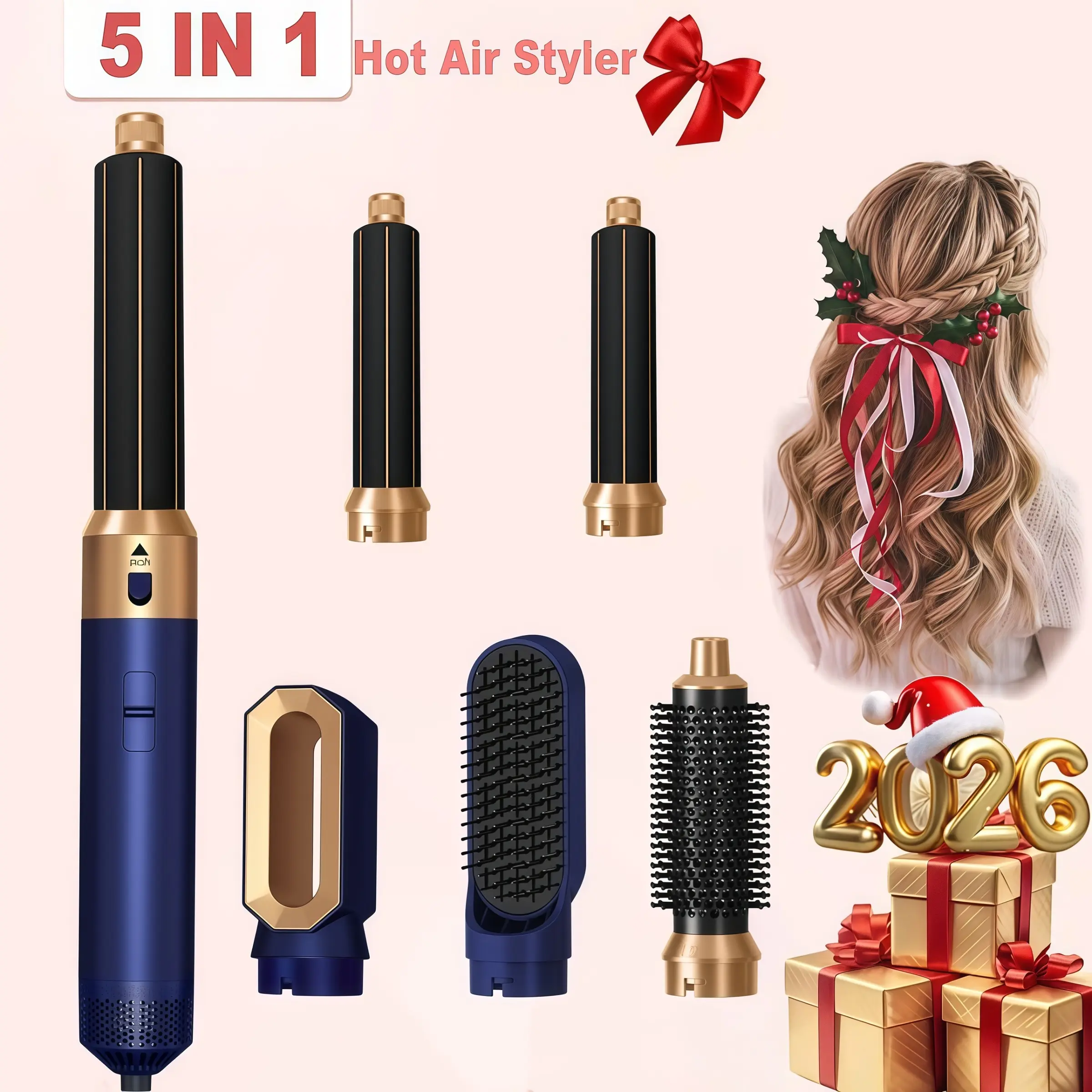 5-In-1 Hair Dryer Set with Diffuser, Automatic Curling Iron, Straightener, Styler, Detachable Hot Brush, Valentine's Day Gift