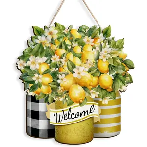 Lemon Door Sign Summer Welcome Wooden Sign Hanging Lemon Decorations Door Hanger Rustic Lemon Sign Plaque with Rope for Home Farmhouse Door Wall Indoor Outdoor 12“x11.4"