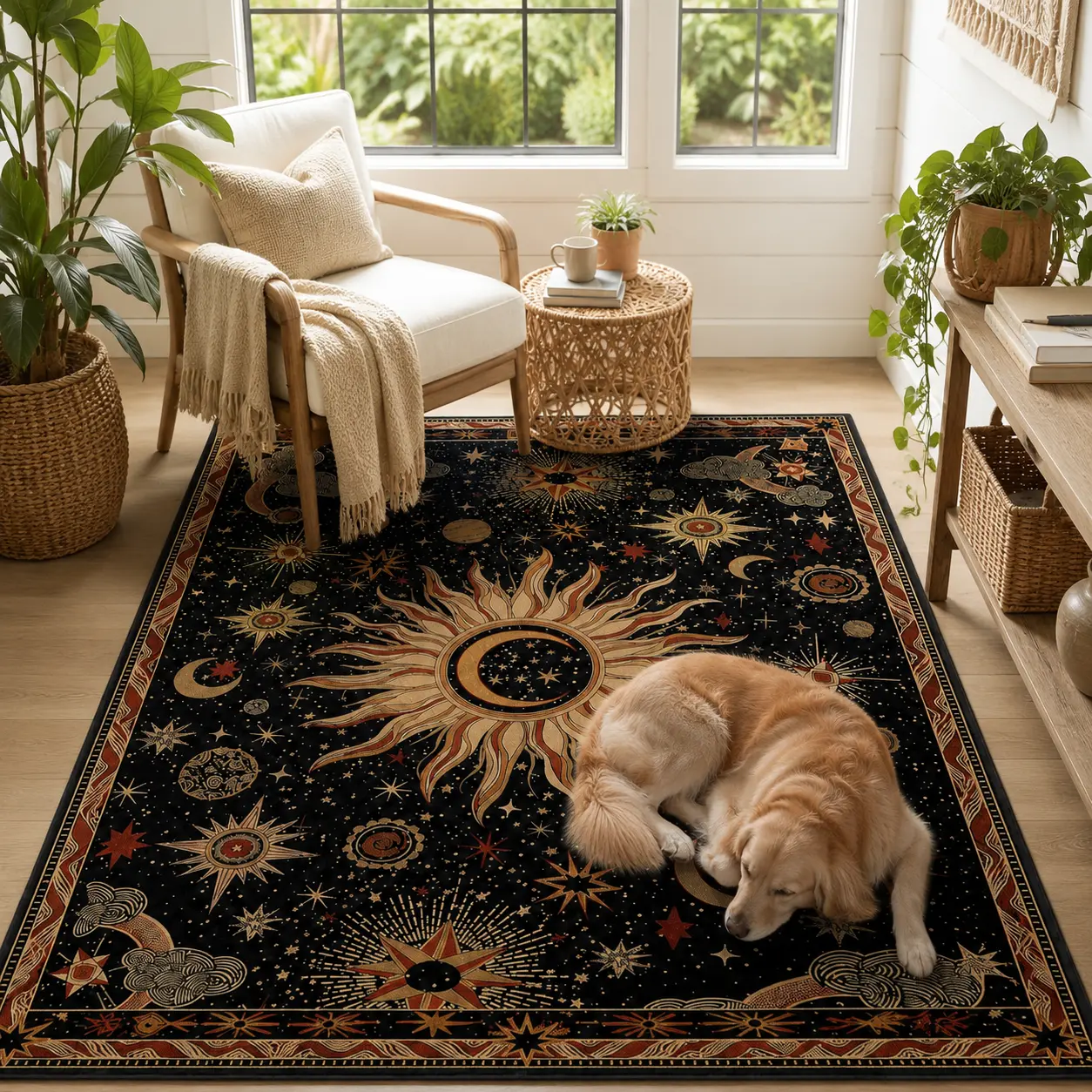 Celestial Area Rug, Soft Velvet Sun Moon Star Rug for Living Room Bedroom Home Decor Rugs