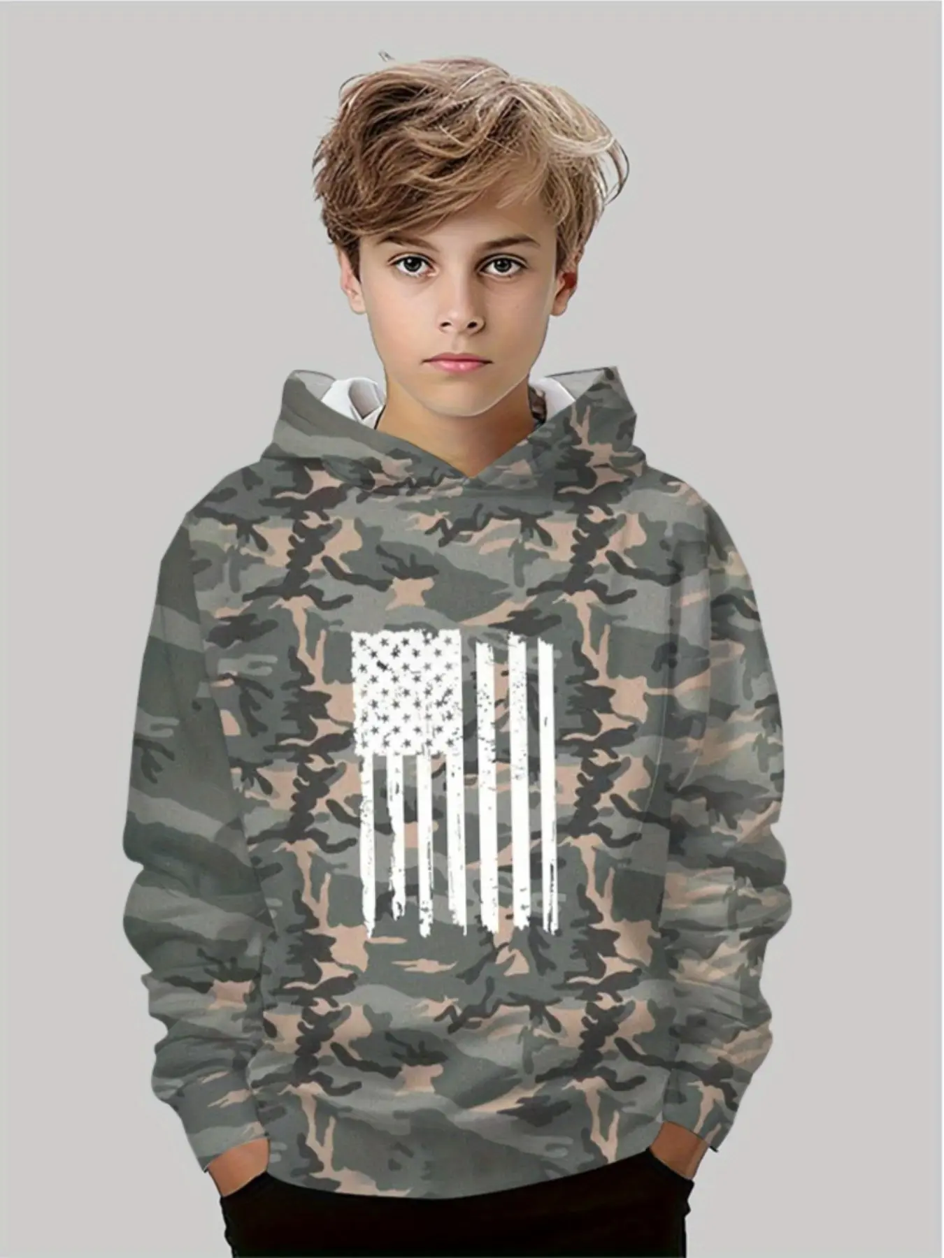 Camouflage Hooded Pullover for Boys, Usa Flag Graphic Print, Casual Fashion Sweatshirt, Trendy Hoodie for Spring & Fall