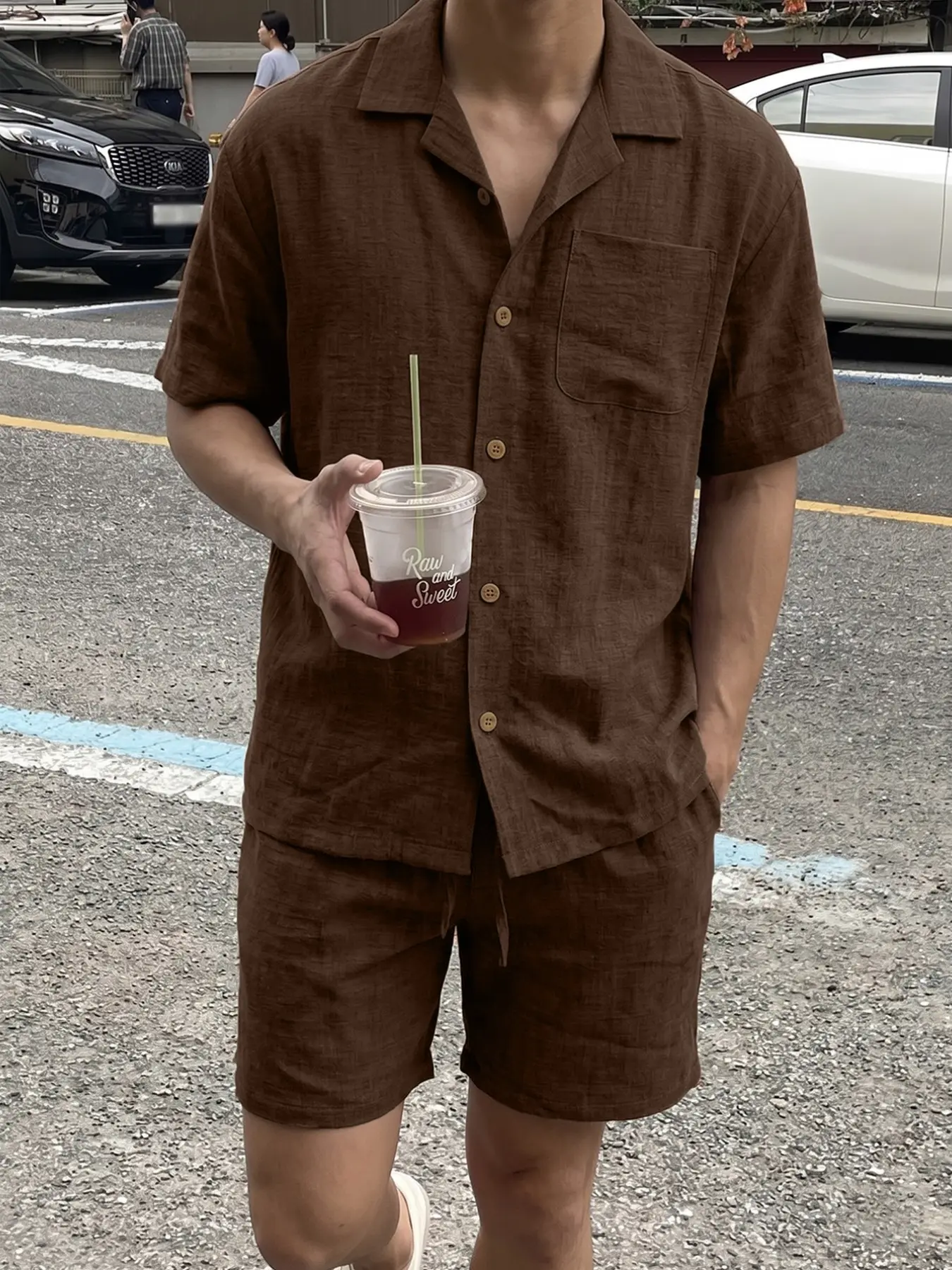 Men's Linen Cuban Collar Casual Two-Piece Set, Wooden Button Pocket Blouse Drawstring Shorts, Simple Vacation Style Summer