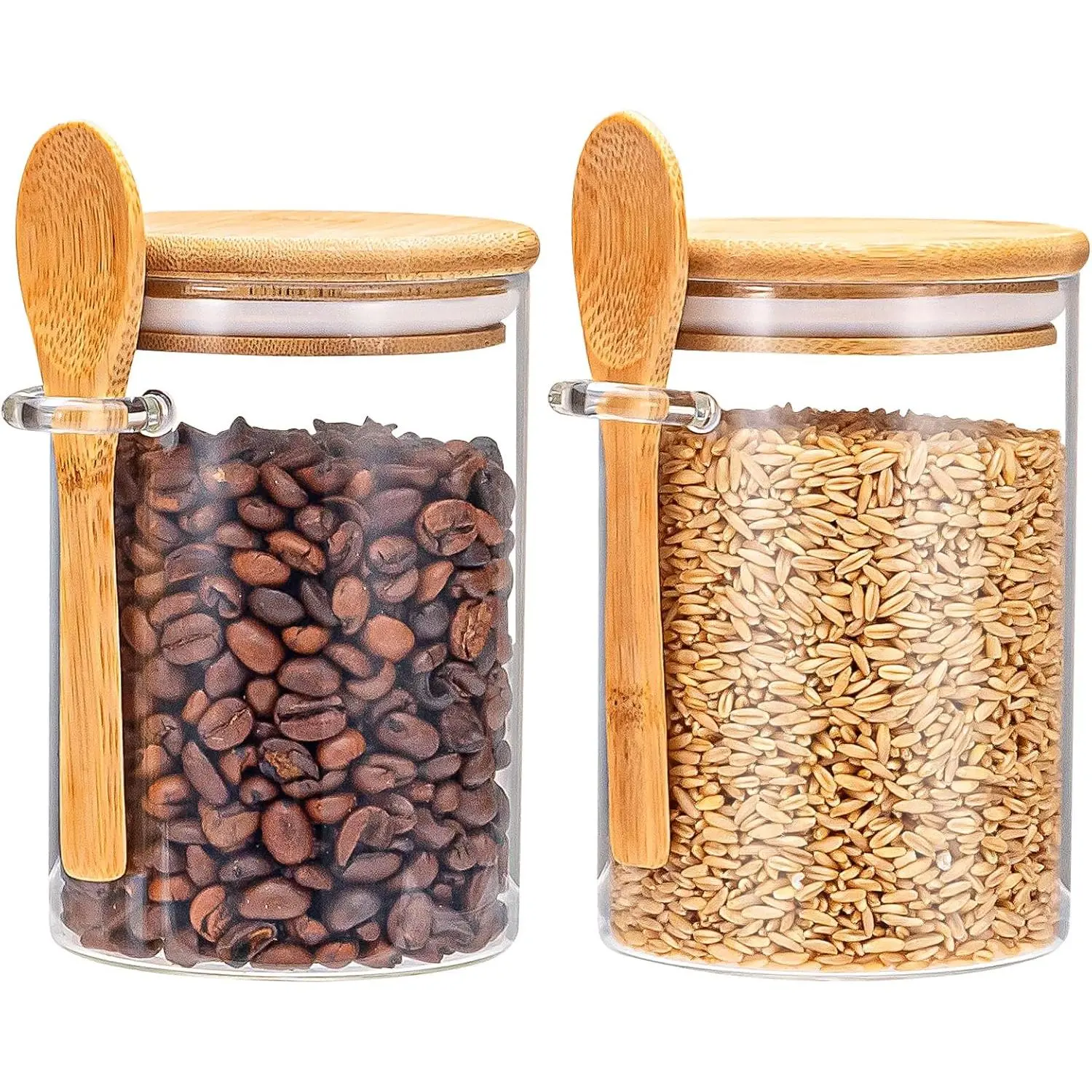 Airtight Food Storage Containers, Glass Canister With Wooden Spoon and Lids, 20 Oz Jars for Serving Bath Salt, Sugar, Spice, Coffee, Tea, Cereals, Condiment (2 Set)