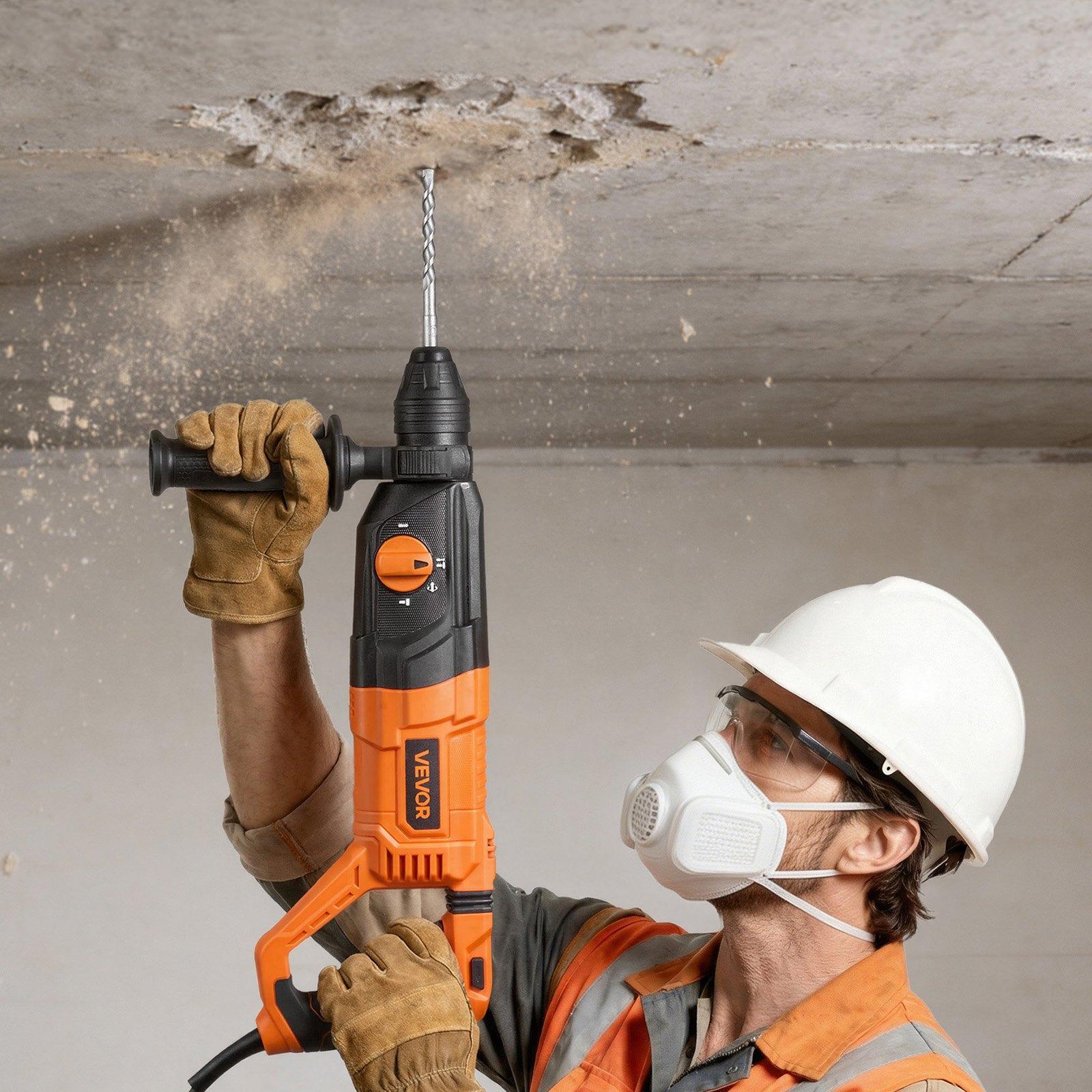 VEVOR Rotary Hammer Drill, 1-1/8 in SDS-Plus Electric Corded Heavy Duty Rotary Hammer, 4 Functions, Including 3 Drill Bits, Flat Chisel, Pointed Chisel, and Carrying Case, for Concrete and Masonry
