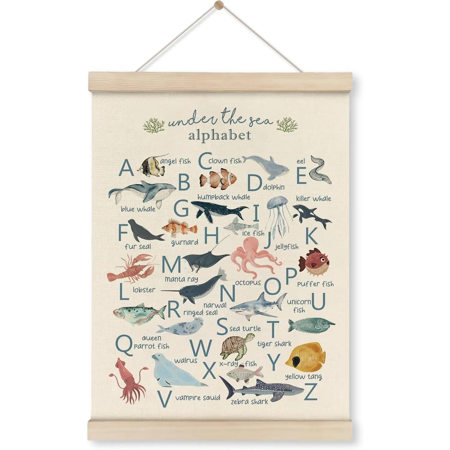 Ocean Alphabet Poster Hanger Frame, Ocean Nursery Decor, Sea Animal Wall Decor, ABC Poster Wall Art with Wooden Frames, Alphabet Banner Wall Hanging Decor for Classroom Kids Playroom,12x16 Inch