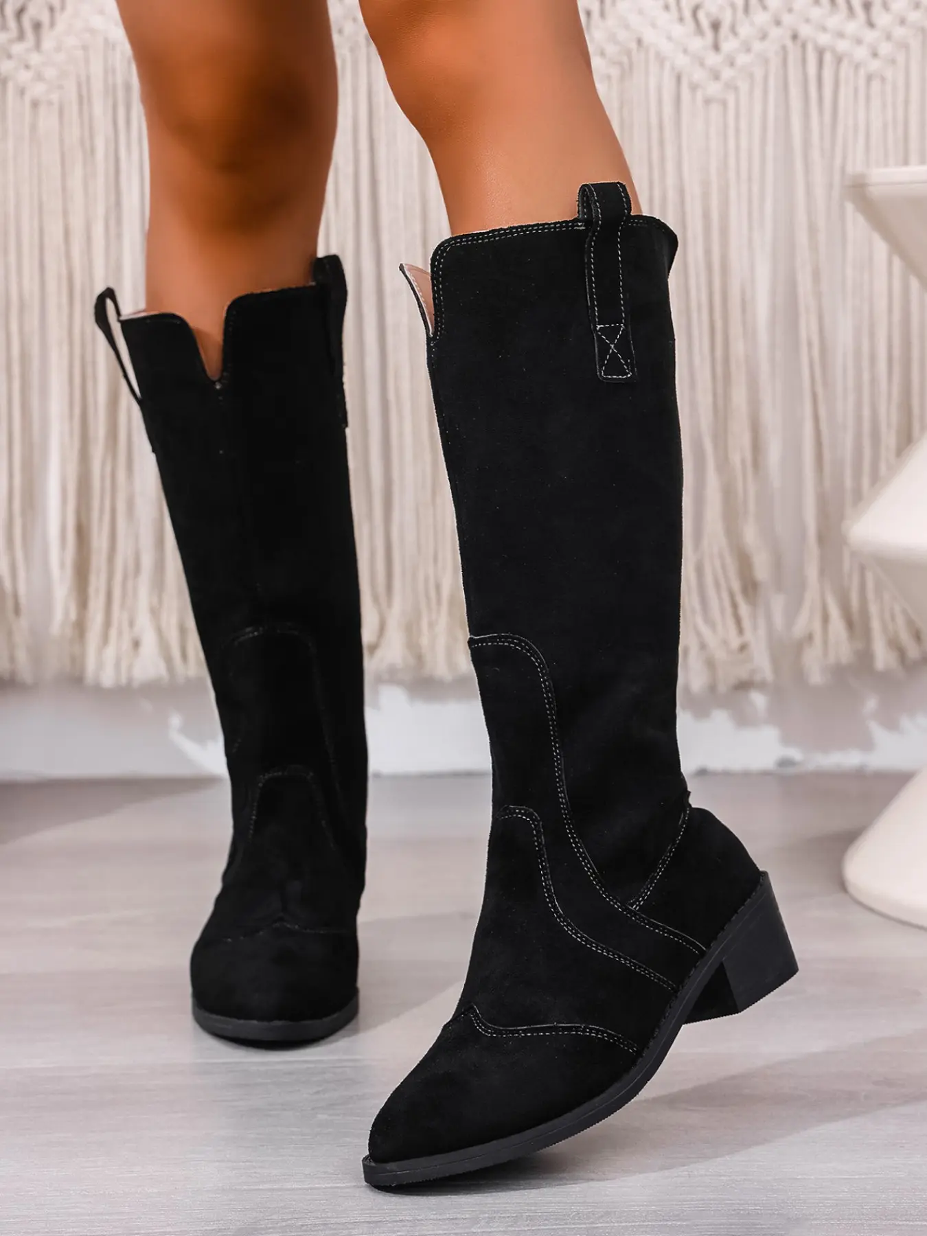 Vintage Velvet Boots for Women, Chunky Heel Design, Comfortable Above Ankle Height, Fashionable All-Season Footwear, Plain Pattern