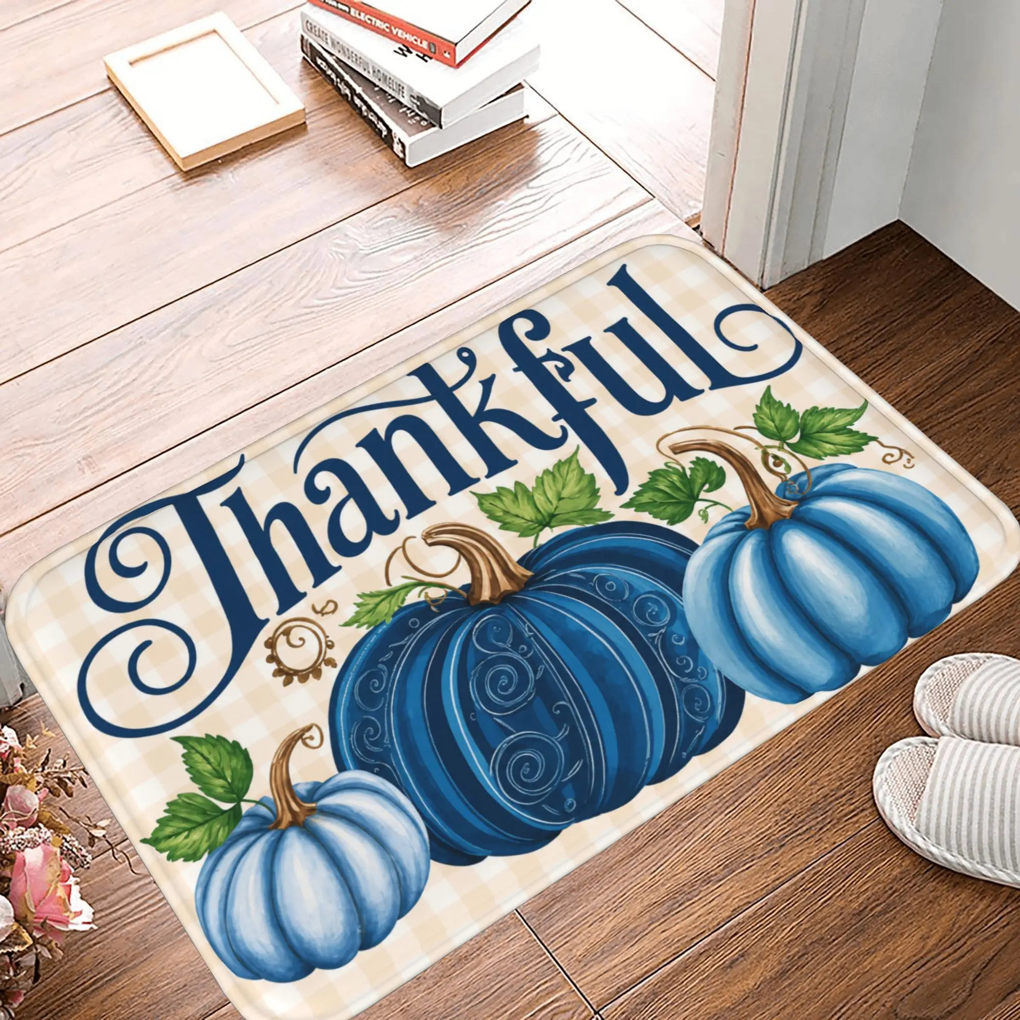 Thankful Blue Pumpkin Fall Doormat, Flannel Non-Slip Thanksgiving Welcome Mat for Front Door, Decorative Autumn Harvest Indoor Outdoor Entrance Rug, Low-Profile Floor Mat for Scrapping Mud and Dirt