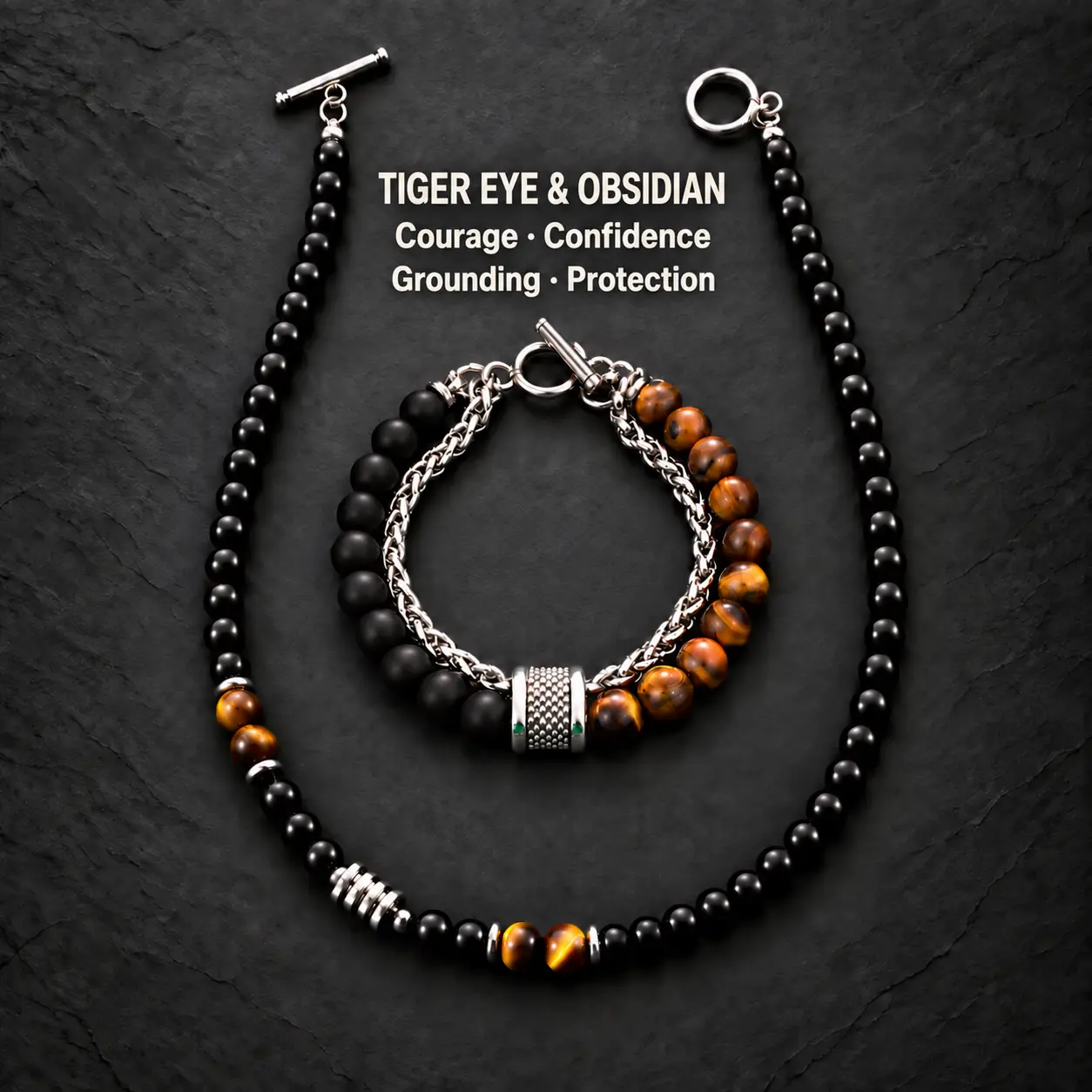 Arpurraina Men’s Natural Stone Necklace & Bracelet Set, Tiger Eye Black Bead Choker Necklace, Chain Beaded Bracelet, Stainless Steel Fashion Jewelry, Gift for Men Daily Wear pendant 【3087】,sohochic