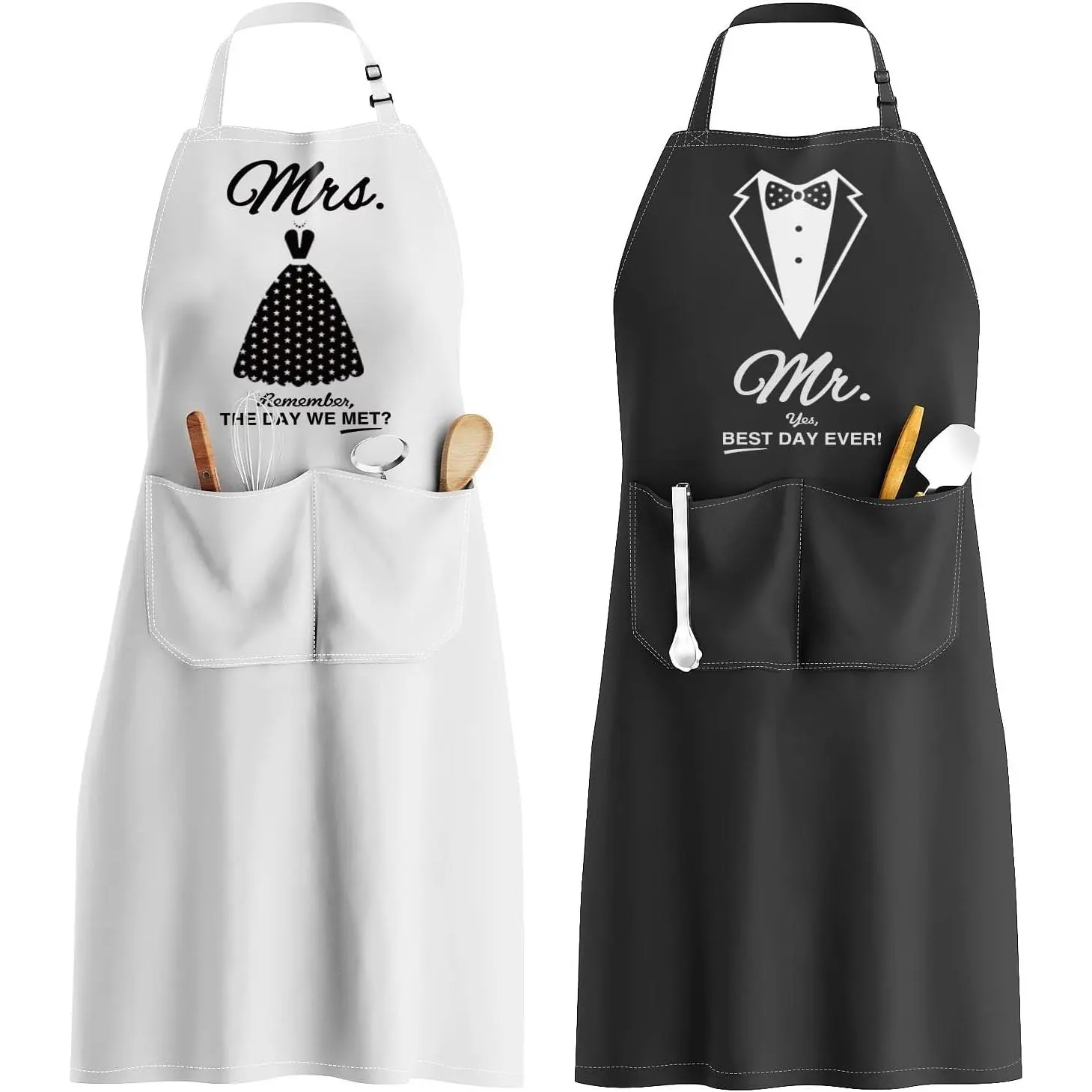Mr & Mrs Apron Set - Matching Couples Kitchen Aprons with Deep Pockets & Reinforced Stitching -  Professional Cooking Gear for Wedding, Engagement, Bridal Shower, Valentines, Christmas
