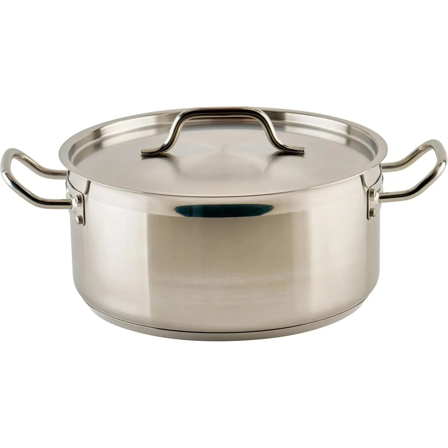 8 qt Stainless Steel Brazier Pan with Lid | Flat bottom, Wide base, Riveted handles, Induction safe, Great for Braising, Simmering, Batch Cooking and Restaurant Kitchens