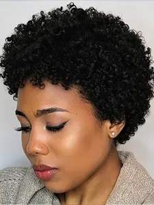 Human Hair Wig Natural Afro Wig 150% Density Afro Kinky Curly Pixie Wig 6 Inch Human Hair Wig Machine Made Wig Natural Look for Daily Use, Music Festivals & Parties, Versatile Styling, Party Accessory, Comfortable Fit Cap 1PC
