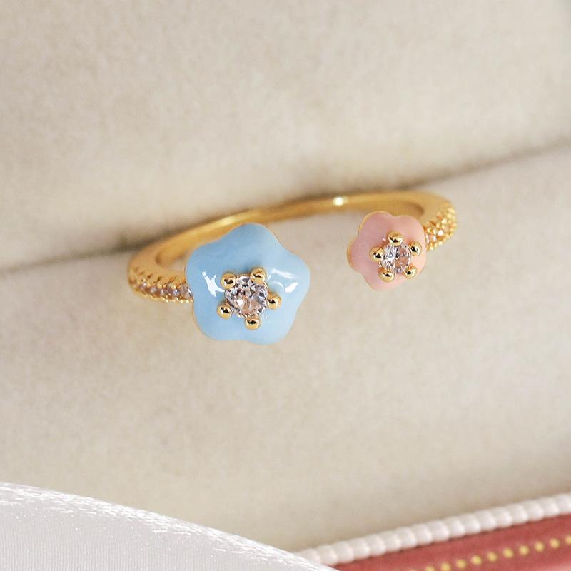 Spring and summer macaron-colored oil-drip flower heart ring with zircon inlay, open niche ring for women, personalized index finger ring