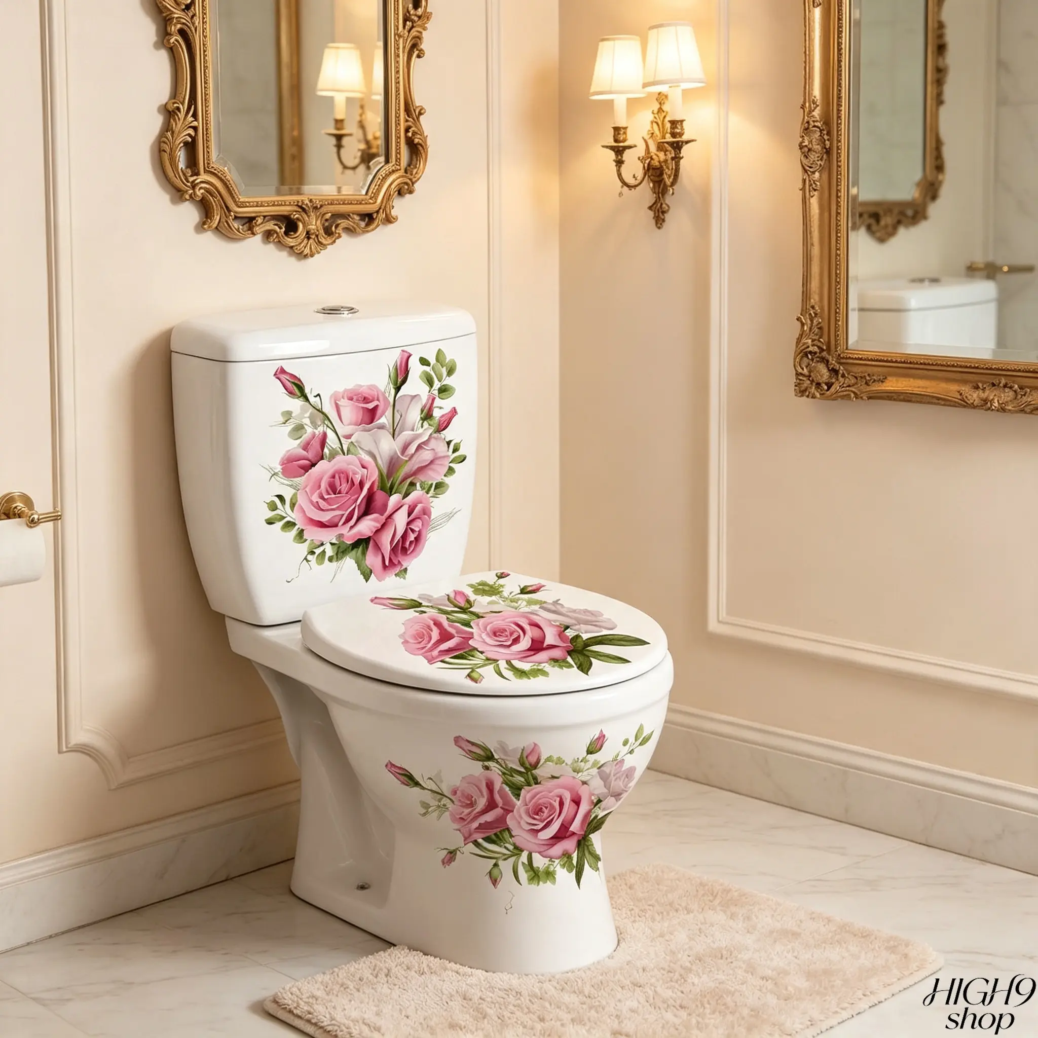 2 Pack Beautiful Pink Rose Pattern Toilet Lid & Tank Stickers, Waterproof Self-Adhesive PVC Decorative Decals, Reusable And Easy To Apply Floral Sticker Set, Stylish Ornament For Bathroom Renovation And Home Decoration