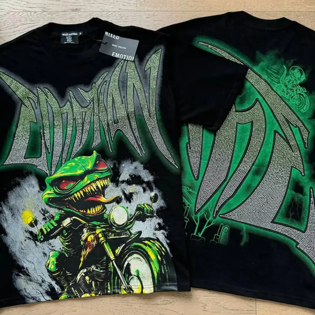 MIXED EMOTION Green Demon Rider Graphic Tee, Motorcycle Rhinestone Cotton T-Shirt, Washed Vintage Oversized Streetwear Top, Y2K Hip Hop Retro Summer Style