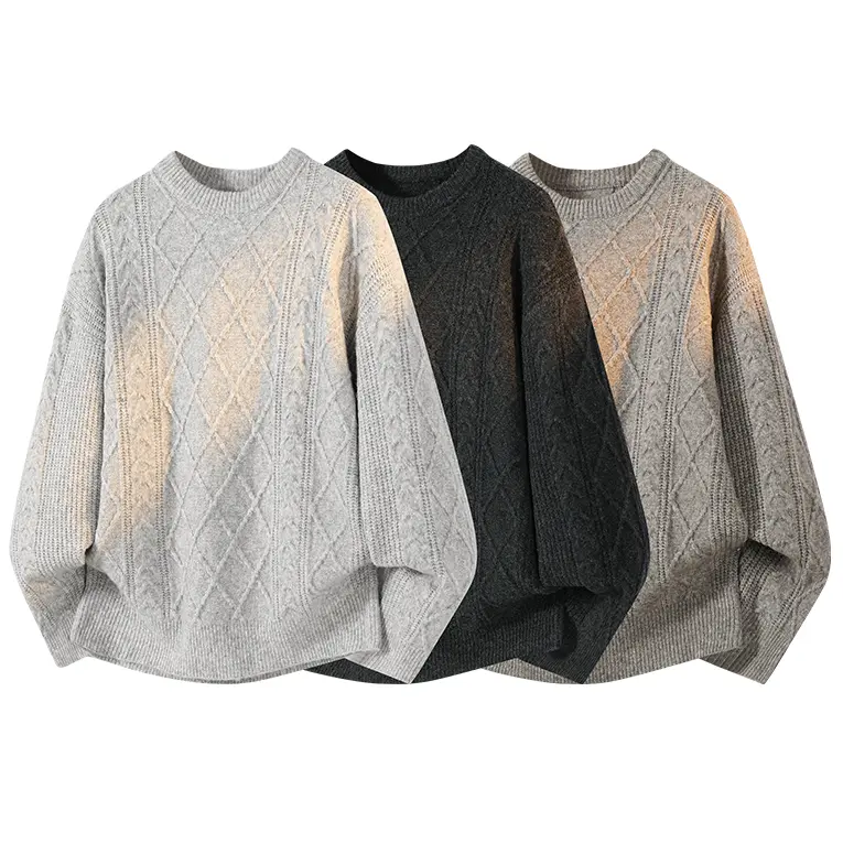 Men's Diamond Textured Knitwear, Casual Polyester Pullover Sweater with Crew Neck and Long Sleeves, Relaxed Fit for Winter Warmth, Longsleeves