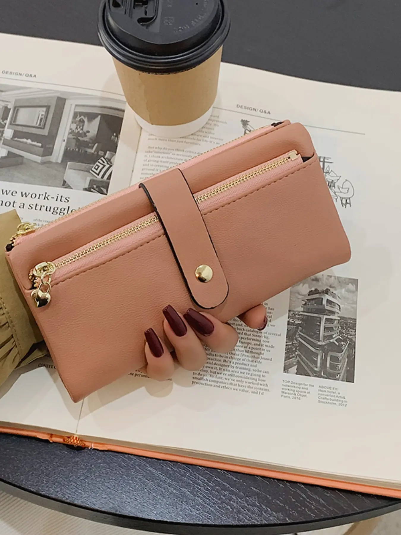 Women's Long Three-Fold Casual Wallet, Buckle Design Large Bill Slot, Multi-Functional Handheld Wallet, Coin and Card Organizer