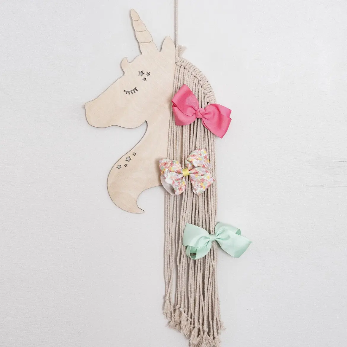 Nordic Wooden Unicorn Hair Clips Accessories Holder, High-Capacity Princess Headband Storage Hanging Organizer, Cute Girl Hairbow Display Strap, Macrame Wall Hanging Toddler Room Storage Belt