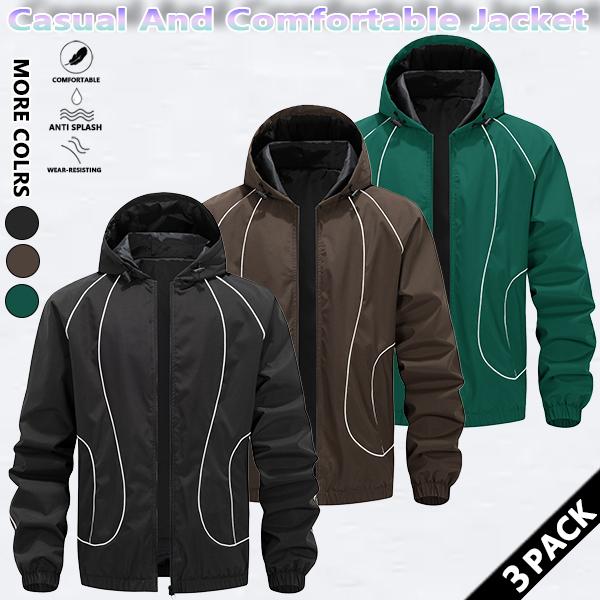 Men's solid color waterproof and windproof drawstring zipper hooded jacket, trendy striped print casual long-sleeved jacket with zipper pockets, suitable for outdoor activities, all year round.