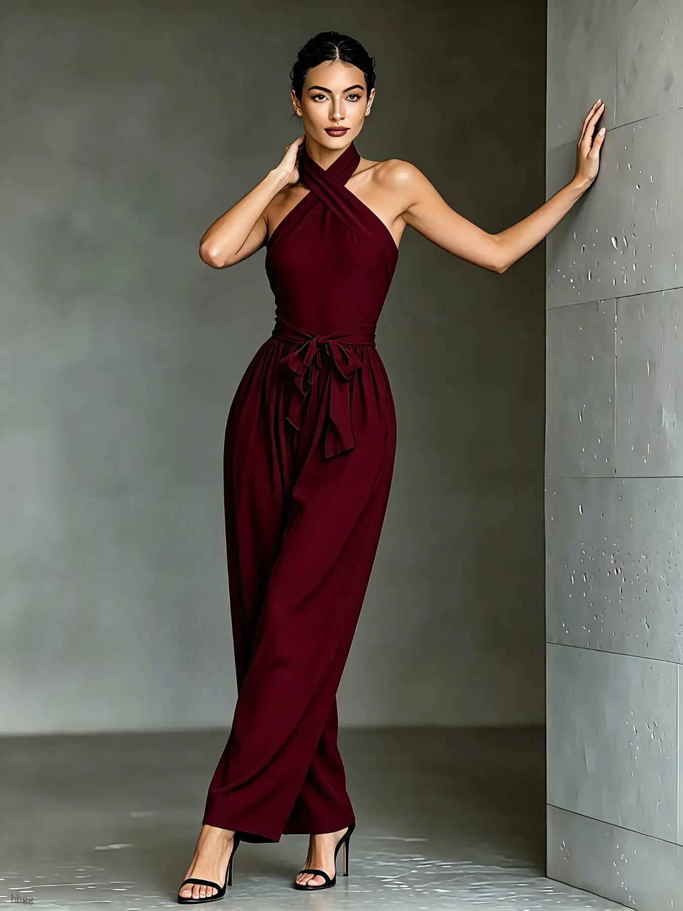 Luxury Minimalist Cross Front Halter Jumpsuit, Soft Waist Wide Leg Side Pockets, Versatile Women's Daily Casual Home Wear