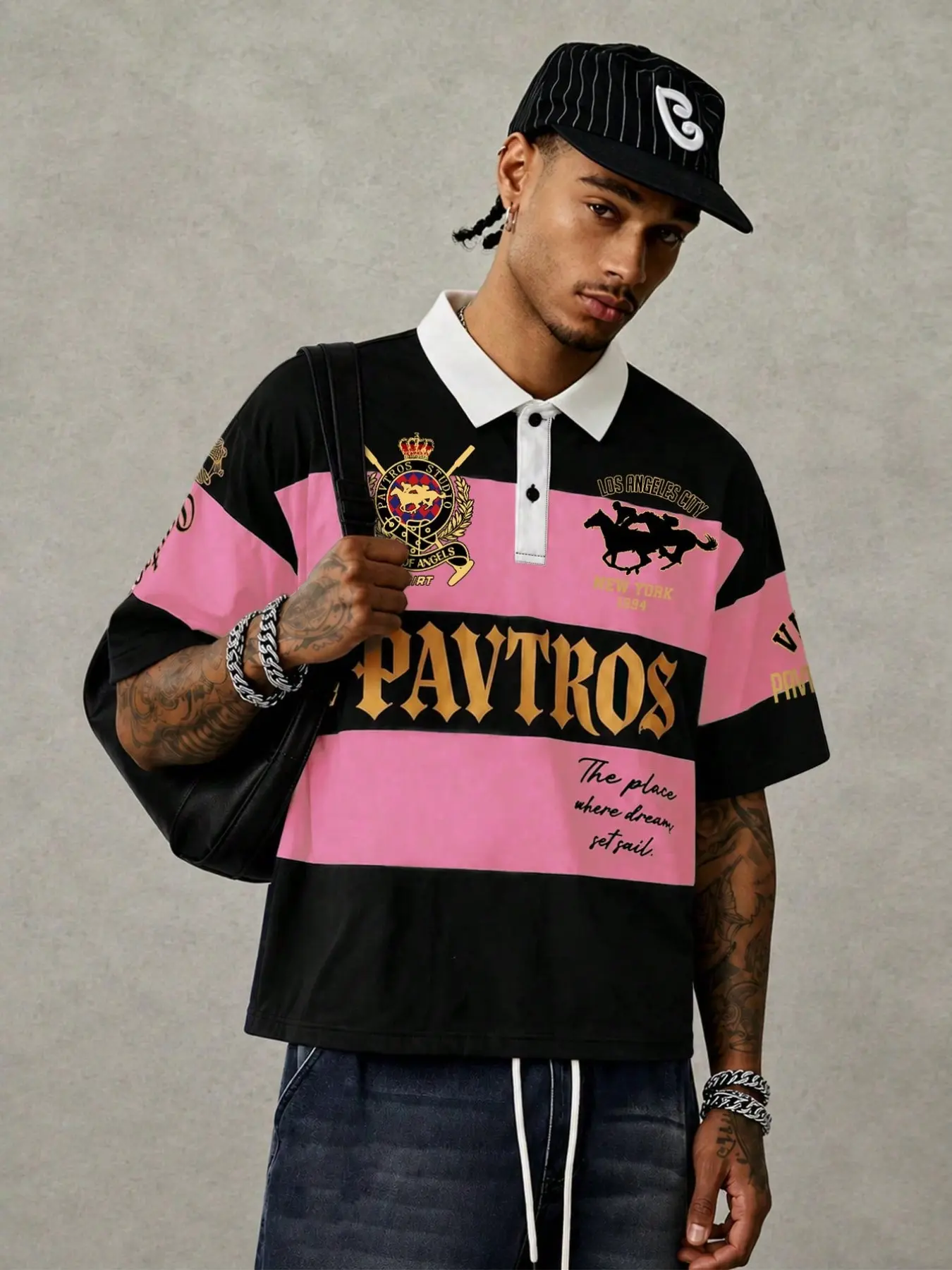Black and gray striped polo short sleeve, vintage knight crest letter patterned top, contrast collar loose pullover, retro American street style, hip-hop casual unisex everyday street look #VintagePatternPolo #HipHopFashion