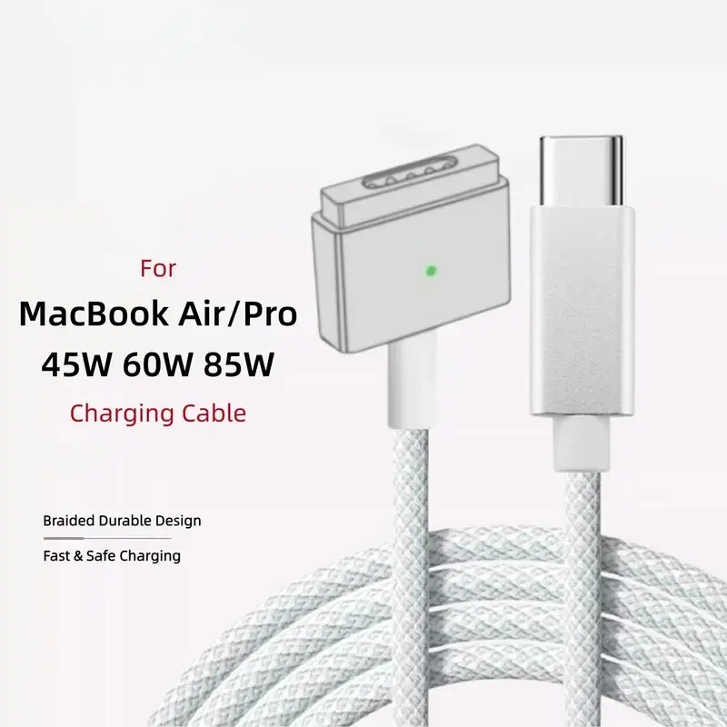 USB-C to Mag2 T-shaped Braided Charging Cable for MacBook Air/Pro Fast Magnetic Charger Cord Compatible with 45W 60W 85W Durable Design