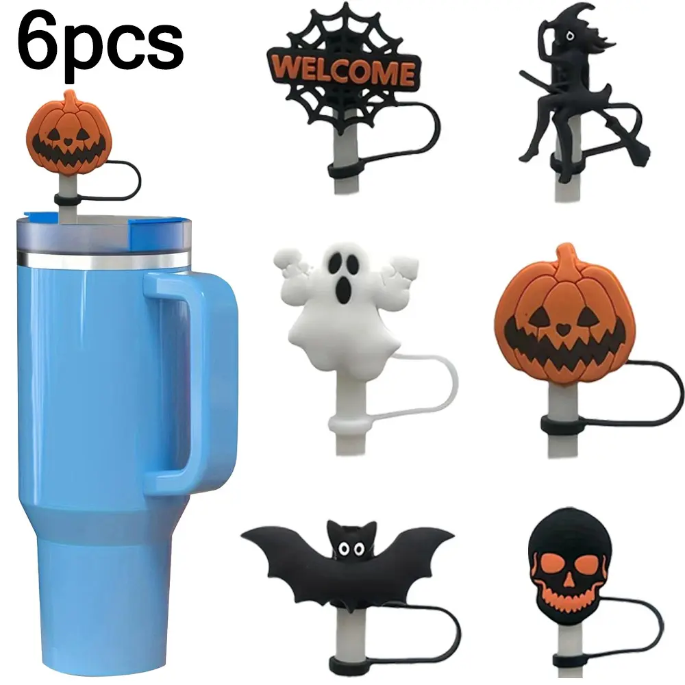 6pcs Halloween Silicone Straw Covers, 2D Single-Sided Pattern, 10mm Reusable Dust Caps, Splash-Proof for Sports Bottles, No Cup Included